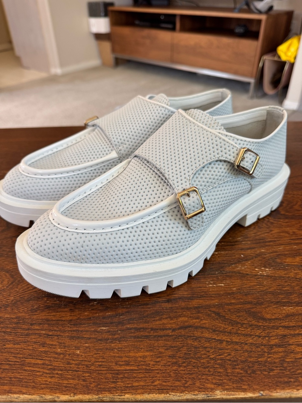 Santoni Light Gray Perforated Double-Buckle Derby Oxfords